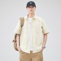 Q夏季休闲短袖衬衫男日系高街百搭潮流宽松小清新拼接撞色衬