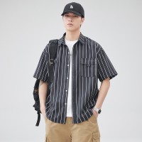Q夏季休闲短袖衬衫男日系高街百搭潮流宽松小清新拼接撞色衬