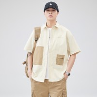 Q夏季休闲短袖衬衫男日系高街百搭潮流宽松小清新拼接撞色衬