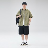 Q夏季休闲短袖衬衫男日系高街百搭潮流宽松小清新拼接撞色衬