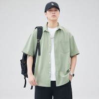 Q夏季休闲短袖衬衫男日系高街百搭潮流宽松小清新拼接撞色衬