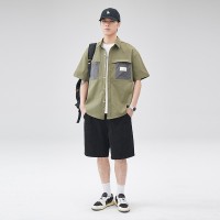 Q夏季休闲短袖衬衫男日系高街百搭潮流宽松小清新拼接撞色衬