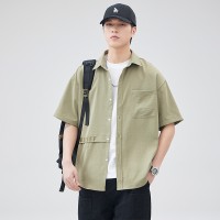 Q夏季休闲短袖衬衫男日系高街百搭潮流宽松小清新纯色衬衣