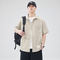 Q夏季休闲短袖衬衫男日系高街百搭潮流宽松小清新纯色衬衣