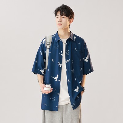 <!--满印花衬衣复古时尚短袖衬衫男士上衣夏季新品-->
