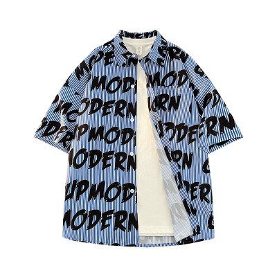 <!--短袖花衬衫男夏季休闲宽松衬衣日系复古潮牌上衣服-->