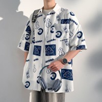 夏季高级垂感短袖衬衫男士韩版ins潮痞帅小众港风宽松花衬衣