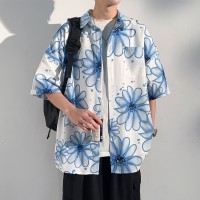 短袖衬衫男潮夏季冰丝ins港风痞帅半袖宽松沙滩花衬衣外套
