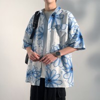短袖衬衫男潮夏季冰丝ins港风痞帅半袖宽松沙滩花衬衣外套