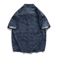 Q字母印花翻领短袖衬衫男装宽松休闲潮流日系半袖衬衣