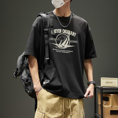 <!--短袖男2024夏季新款美式潮牌字母印花休闲宽松潮流重磅T恤男-->