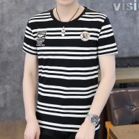 Q圆领条纹短袖T恤男士夏季纯棉上衣服潮牌半截袖新款夏装体恤