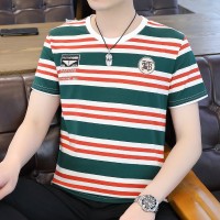 Q圆领条纹短袖T恤男士夏季纯棉上衣服潮牌半截袖新款夏装体恤