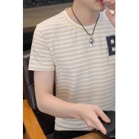 Q夏季新款圆领短袖T恤男休闲百搭条纹上衣男士夏装高品质体恤