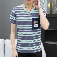 Q夏季短袖t恤男条纹半袖体恤男士韩版潮流上衣服潮牌打底衫男