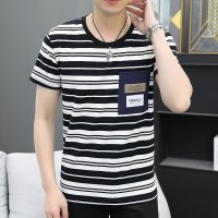 Q夏季短袖t恤男条纹半袖体恤男士韩版潮流上衣服潮牌打底衫男