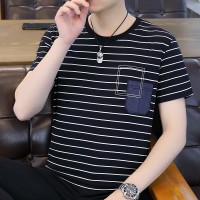 Q条纹短袖T恤男士夏季韩版潮流圆领修身半袖纯棉男装体恤上衣