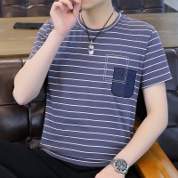 Q条纹短袖T恤男士夏季韩版潮流圆领修身半袖纯棉男装体恤上衣