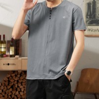Q新款美式亨利领短袖T恤夏季宽松纯棉白色复古亨利衫小众男