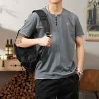 Q亨利领美式短袖T恤夏季宽松纯棉白色复古亨利衫小众男女同款