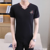 Q夏季纯棉男士短袖t恤中青年鸡心领休闲薄款体恤男v领上衣短