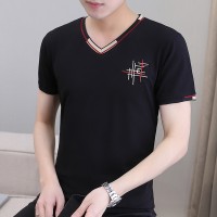 Q鸡心领夏季纯棉男士短袖t恤中青年休闲薄款体恤男v领上衣短