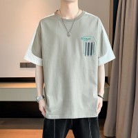 Q宽松短袖男夏季潮牌五分半袖衣服t休闲拼接字母帅气男士上衣