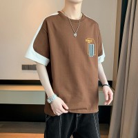 Q宽松短袖男夏季潮牌五分半袖衣服t休闲拼接字母帅气男士上衣