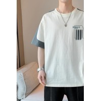 Q宽松短袖男夏季潮牌五分半袖衣服t休闲拼接字母帅气男士上衣