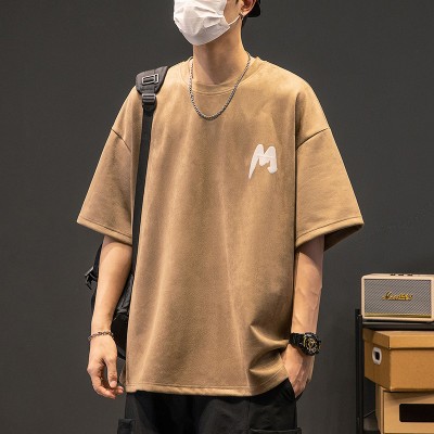 <!--TC021夏季220g重磅鹿皮绒短袖t恤男士宽松印花上衣型男-->