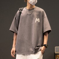 TC021夏季220g重磅鹿皮绒短袖t恤男士宽松印花上衣型男