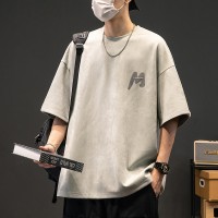 TC021夏季220g重磅鹿皮绒短袖t恤男士宽松印花上衣型男