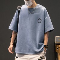 TC019夏季新款220g重磅咖色短袖t恤男士宽松字母印花半袖圆领上衣