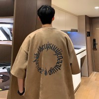 TC019夏季新款220g重磅咖色短袖t恤男士宽松字母印花半袖圆领上衣
