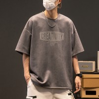 TC013新款鹿皮绒220G重磅短袖T恤夏季字母印花宽松落肩T潮流