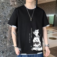 Q假两件短袖t恤男夏季印花潮流宽松打底半袖上衣青少年纯棉