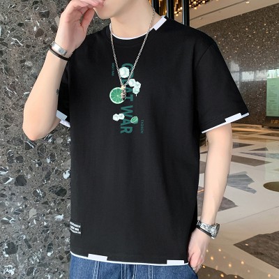 <!--Q纯棉短袖男2024夏季字母五分袖时尚潮牌圆领创意休闲宽松T恤-->