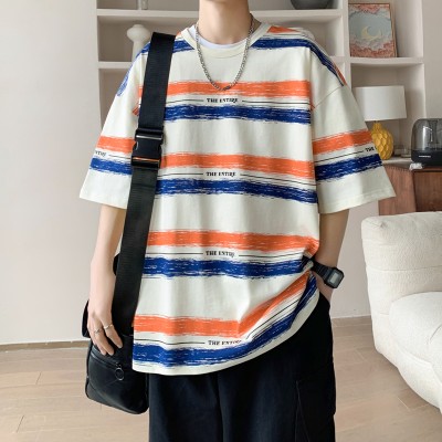 <!--港风1纯棉新款夏季男潮流宽松服潮牌学生短袖T恤上衣圆领五分袖-->