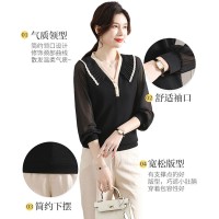 妈妈春装雪纺纱袖t恤2024新款中老年女装长袖减龄上衣服阔太太衫