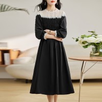 2024年春季新款长袖撞色连衣裙蕾丝花边拼接裙子