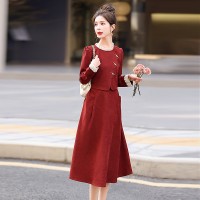 现货高级感气质显瘦2024年春季新款新中式长袖假两件连衣裙