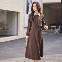 2024年春季新款长裙假两件长袖优雅气质大摆裙时尚淑女连衣裙