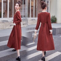 2024春季假两件套长袖连衣裙女气质流心法式圆领灯芯绒系带裙