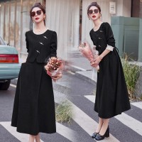 2024春季假两件套长袖连衣裙女气质流心法式圆领灯芯绒系带裙