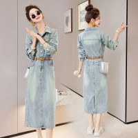 美式复古牛仔连衣裙女春秋2024新款法式收腰显瘦气质洋气开叉长裙