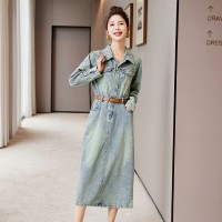 美式复古牛仔连衣裙女春秋2024新款法式收腰显瘦气质洋气开叉长裙
