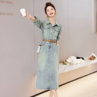 美式复古牛仔连衣裙女春秋2024新款法式收腰显瘦气质洋气开叉长裙
