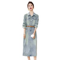 美式复古牛仔连衣裙女春秋2024新款法式收腰显瘦气质洋气开叉长裙