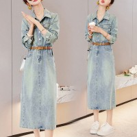 美式复古牛仔连衣裙女春秋2024新款法式收腰显瘦气质洋气开叉长裙