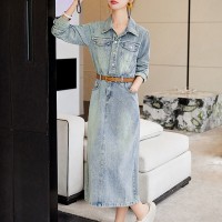 美式复古牛仔连衣裙女春秋2024新款法式收腰显瘦气质洋气开叉长裙